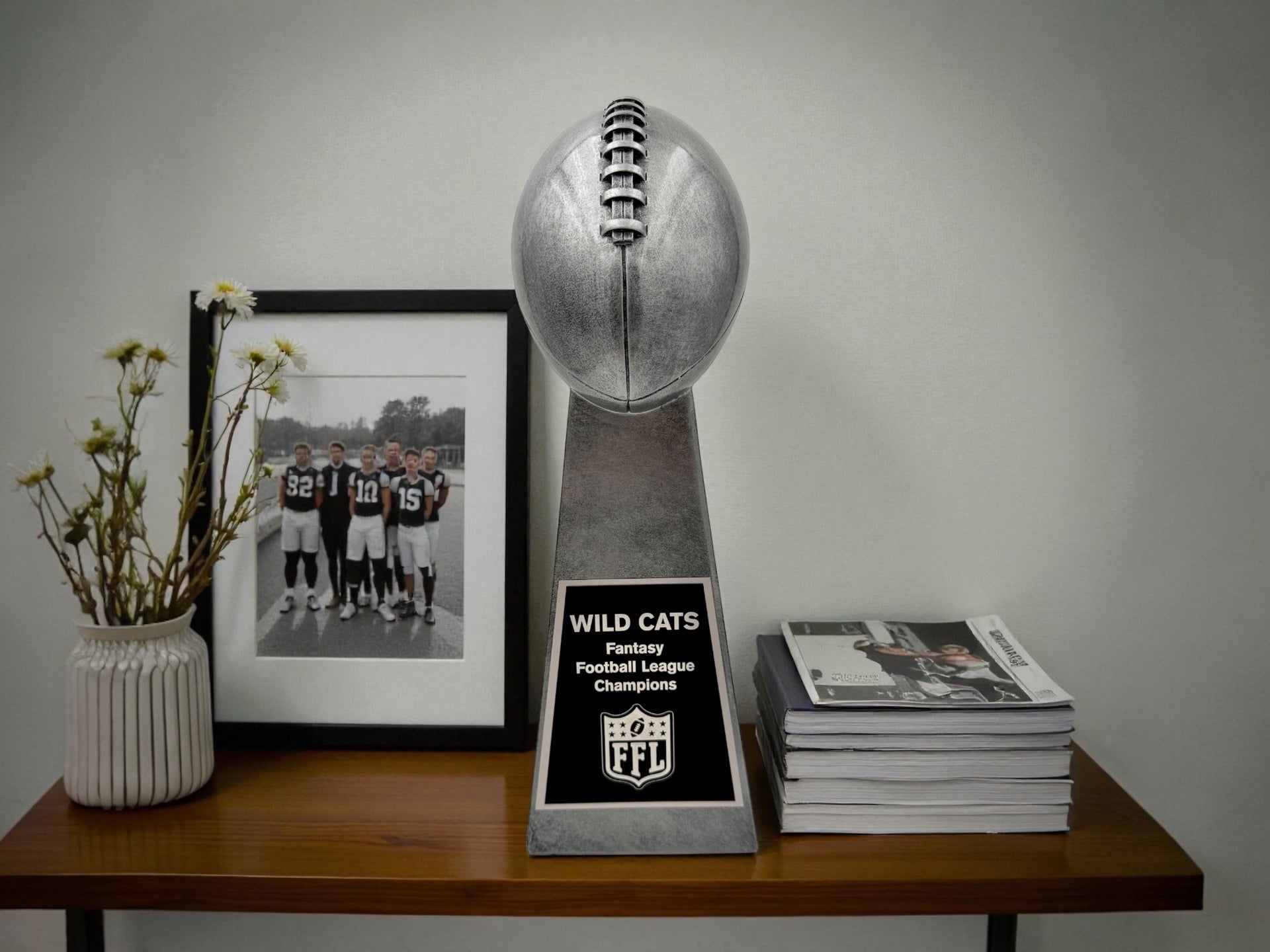 Silver Lombardi Replica Super Bowl Trophy 15" with plate on table background