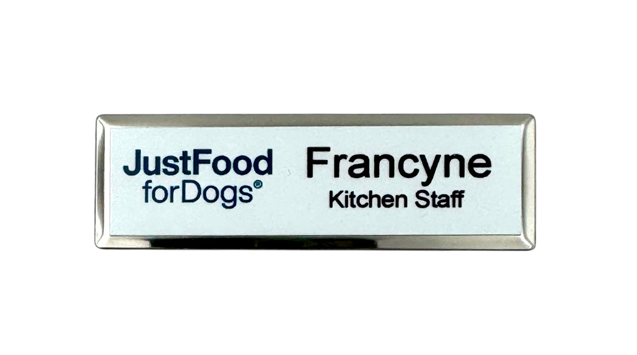 JustFoodForDogs 1"x3" Silver Beveled with Magnet Attachment