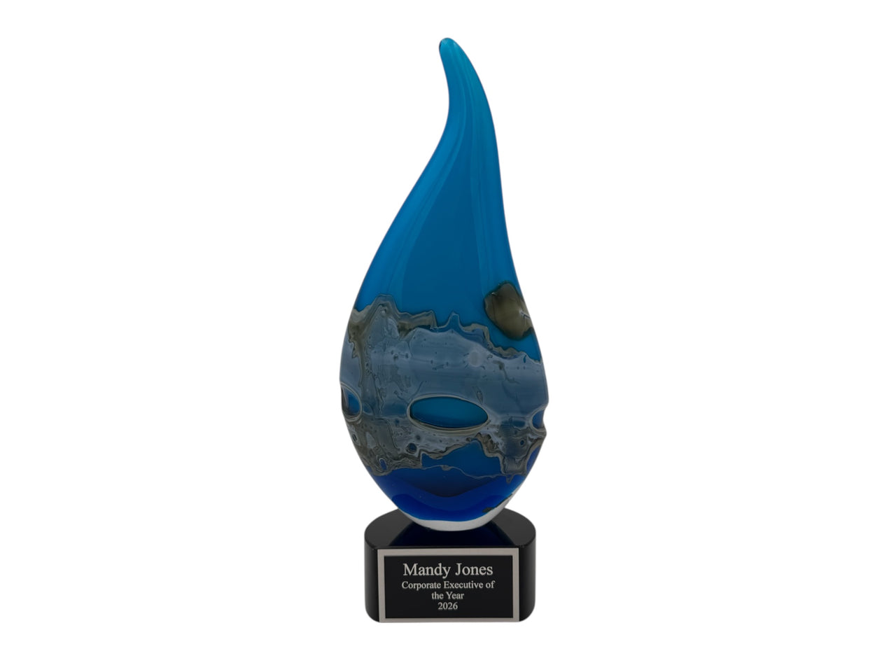 Raindrop Art Glass Award, Blue with Gray and White Accent Curved 11 1/2"